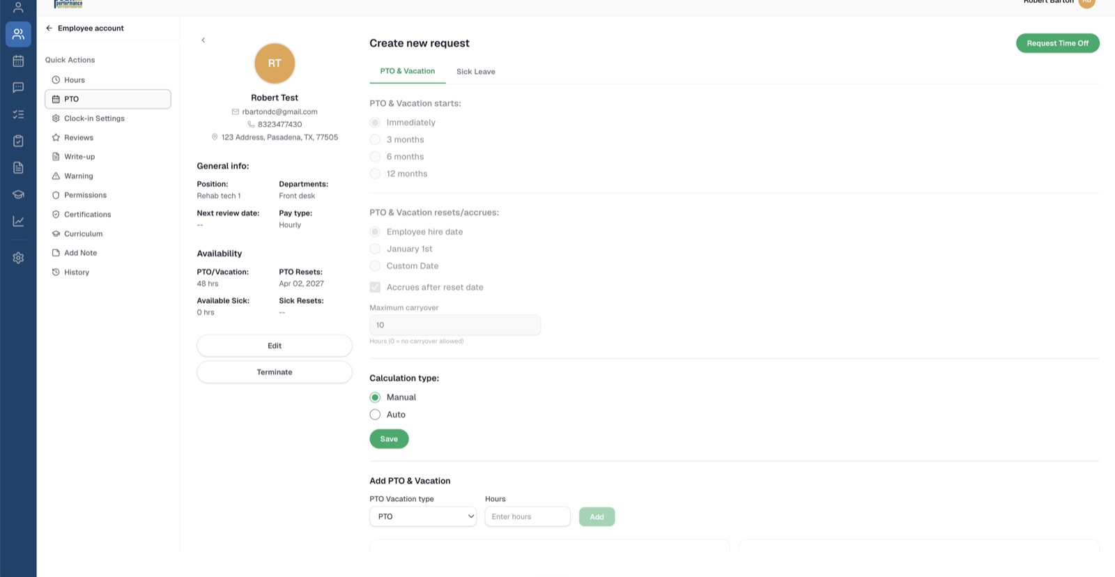 HR & Time — employee file with PTO, reviews, and certifications